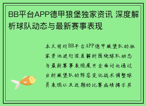 BB平台APP德甲狼堡独家资讯 深度解析球队动态与最新赛事表现